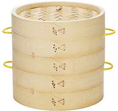 Bamboo Cooking Steamer - Traditional Steamer Basket with Aluminum Rims and Handle for Chinese Dim Sum, Bao Bun
