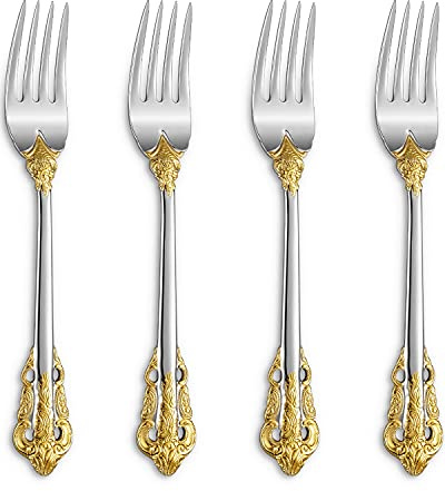 KEAWELL Luxury Salad Forks Dessert Forks Set, Set of 4, 18/10 Stainless Steel, 7 Inches, Dishwasher Safe, Mirror Polished, Silverware Fork Set (Gold Accent)