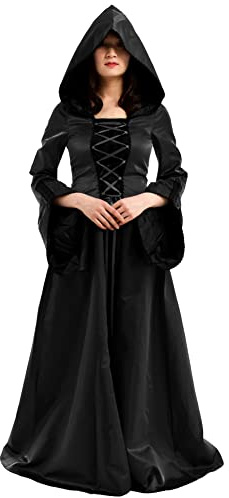 BLESSUME Vestido vintage renacentista con capucha y cordones para mujer, vestido de bruja medieval para cosplay, Negro 1, XXL