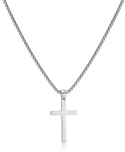 AFSTALR Men's Cross Necklace, Gold/Silver Chain with Cross Pendant, Christianity Jewellery, Stainless Steel silver-45cm