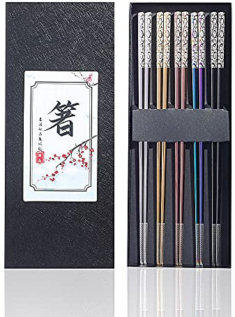 Moxilyn 5 Paar Edelstahl-Essstäbchen,Buntes Wiederverwendbare Chinesische Chopsticks Set,Waschbar Für GeschirrspüLer Metall Stäbchen,Geschirr Geschenkset(Mehrfarbig)