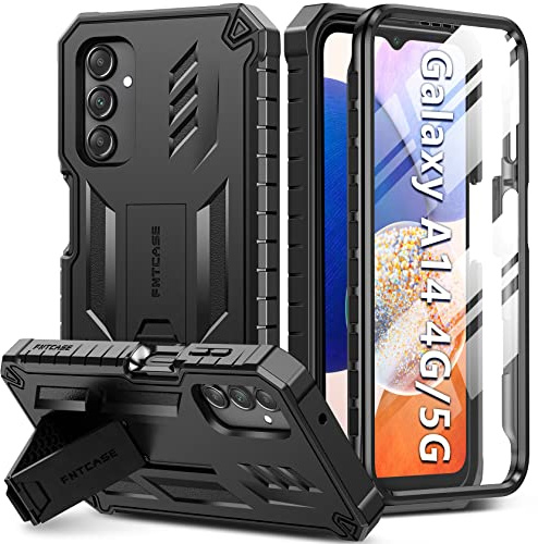 FNTCASE für Samsung Galaxy A14 5G/4G Hülle mit integriertem Displayschutz | Robuster Ständer,20FT Militär-Schutz, Matte Textur, Stoßfeste TPU Handyhülle, Schwarz