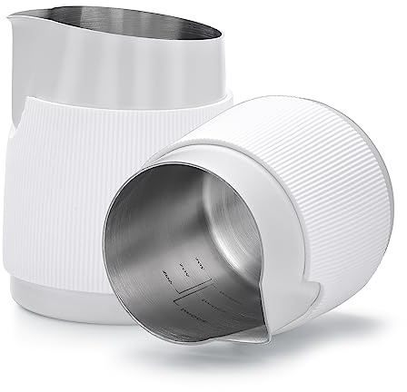 Normcore Handleless Milk Pitcher with Sharp Spout, Espresso Steaming Pitcher, 18/8 Stainless Steel Milk Frothing Jug, Premium Barista Tools, Non-stick coating White,15.2 oz (450 ml)