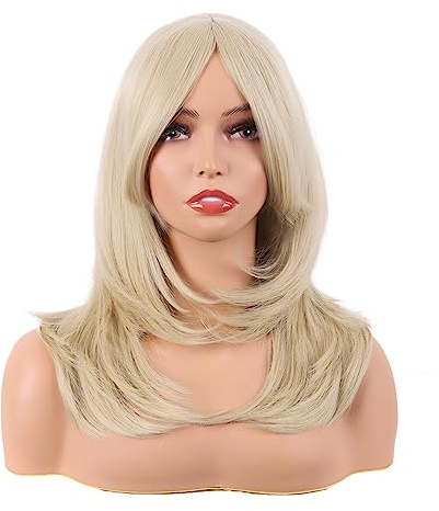 MapofBeauty 20 Pulgada/50 cm Largo Layered Pelucas Con Flequillo Lacio Sintética Fibras Shoulder Largo Cabello Para Diario Fiesta (Dorado)