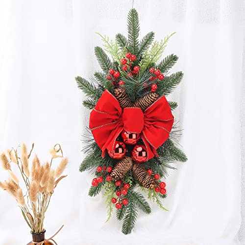 24-Zoll-Weihnachts-Swag für Den Außenbereich, Künstliche Weihnachtsgirlande mit Kugeln/Bowkont, Weihnachtskranz, Vorbeleuchteter Treppen-Swag-Besatz, Treppendekoration, Künstlicher(#1)