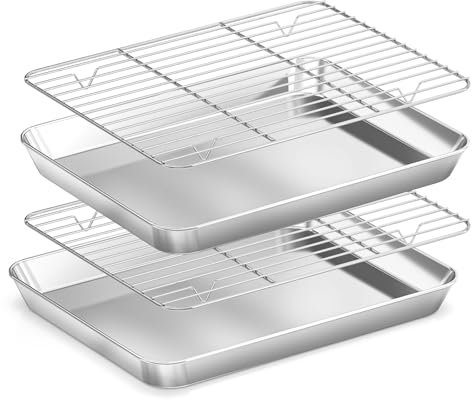 Fire More Teglie da Forno con Griglia di Raffreddamento in Acciaio Inox,Set di 4[2 Teglia Forno+2 Grigliaper Cuocere e Servire], Atossica e Sana, Facile da Pulire e Lavabile in Lavastoviglie