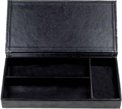DELMON VARONE - Personalisierbarer Ablagekasten mit Deckel aus Premium Leder Manhattan Schwarz - Schreibtischschale für Kugelschreiber, Füller & Schreibutensilien, Echtleder Stifteetui mit 3 Fächer