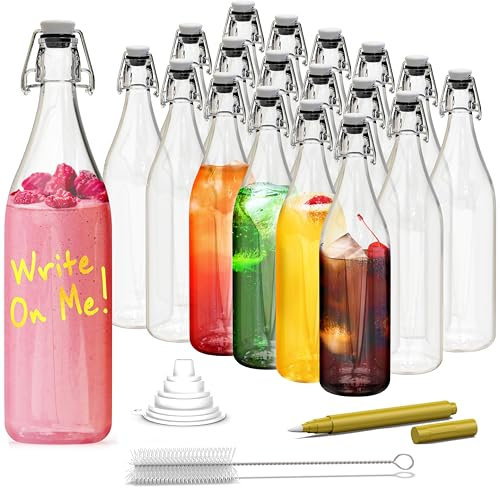 Nevlers Runde Bügelverschluss-Glasflaschen mit luftdichtem Verschluss, 1 Liter, für Kombucha, Limoncello, Wasserkefir, inklusive Pinsel, Trichter und goldfarbenem Glasmarker, 18 Stück