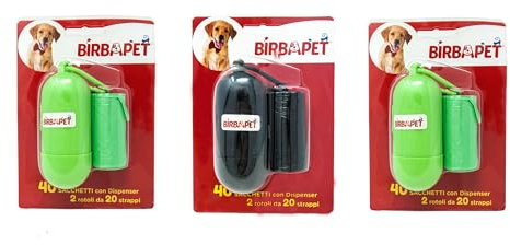 Lot de 3 sachets hygiéniques BIRBAPET pour chien à 2 rouleaux x 20 + distributeur vert ou noir assortis (120 sachets)