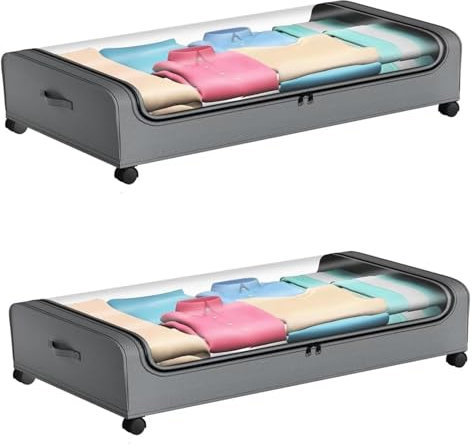 lomonmen 2 Stück Unterbettkommode mit Rollen,Aufbewahrungsbox mit Rollen 360° Drehung und Sichtfenster Deckel,Metallrahmen Unterbett,Unterbett-Aufbewahrungstasche Kleideraufbewahrung