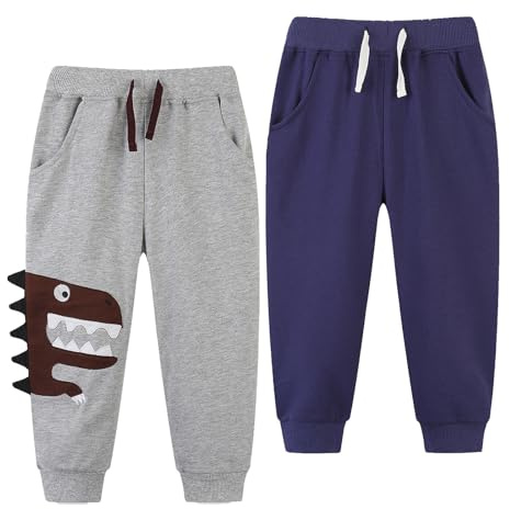 Codkkre 2-pack joggingbyxor pojkar elastiskt midjeband barn joggingbyxor dinosaurie bomullsbyxor för pojkar svettbyxor barn sportbyxor joggingbyxor 92 98 104 110 116 122, Dinosaurie + marinblå, 104