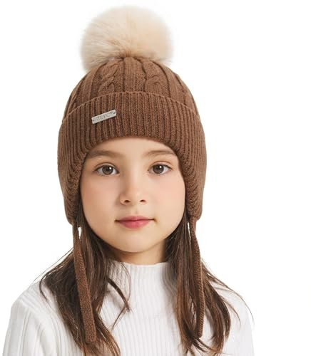 ZLYC Bonnet d'hiver en Coton à Pompons pour Enfant et Fille, Marron uni, Taille Unique