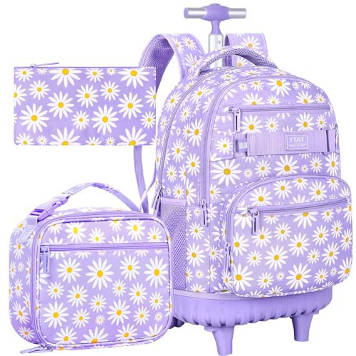 AGSDON Rolling Backpack for Girls, Women Roller Wheels Bookbag, Laptop Daisy Wheeled School Bag with Wheels for Teens