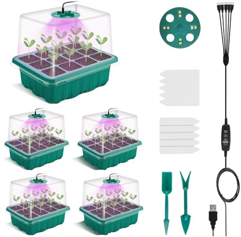 BTONGE 5 Pack Seed Trays with Grow Light, with Timing Controller Adjustable Brightness, LED Full Spectrum Sunlike White Plant Lights, Propagator Trays with Heightened Lids, For Indoor Plants