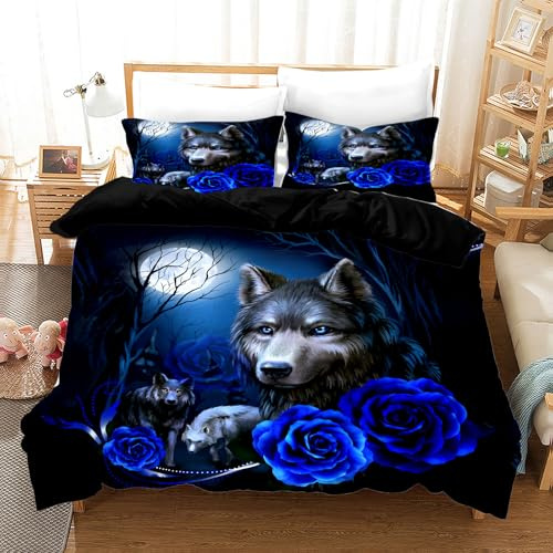 UGZDEA Set de Linge de lit Loup 220x240cm, 3D Animaux série Loups Rose Print Set de Linge de lit, Douce Microfibre Courtepointe Ensemble pour la décoration de Chambre Adulte (B, 220x240cm)