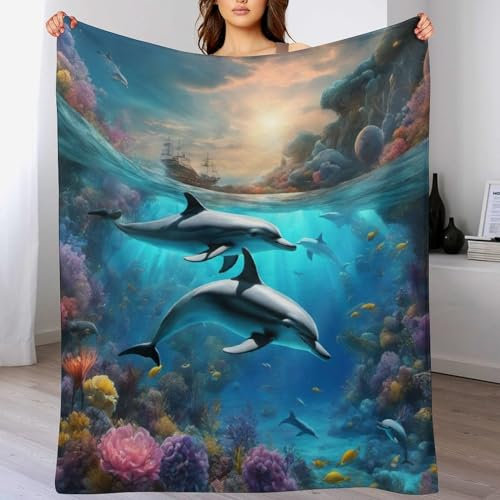 AAPZY Delfin Decke Flauschig & Super Weich - Hochwertige Flannel Fleecedecke Auch Als Wohndecke, Tagesdecke, Sofadecke & Wohnzimmer Geeignet - Überwurf Decke Sofa & Couch, （130×180cm）
