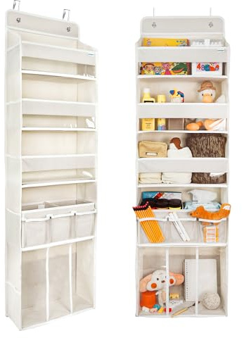 Door Hanging Storage Organizer,with 3 Bins 1 Movable Baby Diaper Caddy,1 Large capacity diaper stacking storage Organizer,10 Side Pockets ,Bedroom Door Storage for Nursery Baby Essentials. (Beige)