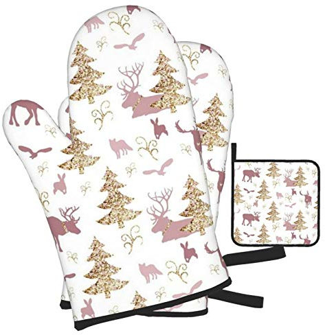 4 Stück Ofenhandschuhe Set Winter Gold Pink Topfpads Wasserfeste Grillhandschuhe Doppelschicht Topfhandschuhe, Für Cafe, BBQ, Grillen