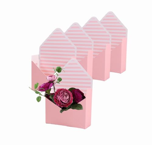 Rikyo 5 stycken blomlådor blombukett förpackning presentask, vattentäta kuvert papperslådor, handbukettlåda, handvikbar bukett blomlåda för bröllop födelsedag dekoration prydnad (rosa)