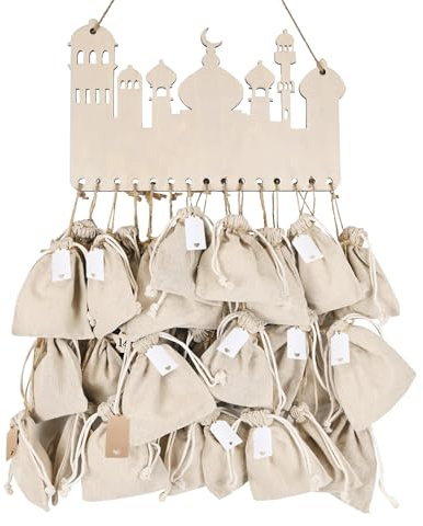 DIY Ramadankalender zum Befüllen, Ramadan Mubarak Dekoration, Ramadan Kalender aus Holz mit 30 Baumwollbeutel, Ramadan Kalender mit 30 Taschen, Eid Geschenke Kinder Wandkalender für Wand Tür Fenster