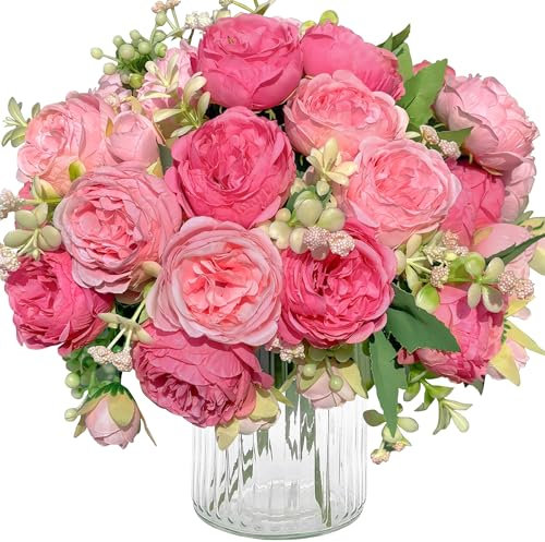 Happivue 4 Pack Artificial Flowers, Light and Dark Pink Peony Fake Flowers, Silk Faux Peonies Artificial Flowers, for Bridal Bouquet, Wedding, Birthday Party, Home Decor, Table Centerpiece