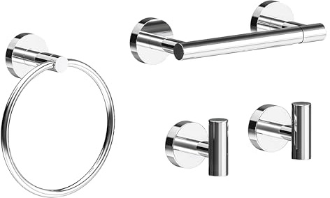 4Pcs Bathroom Hardware Set, Toilet Roll Holder Towel Ring Hooks, Chrome | SUS304 Stainless Steel Bathroom Accessories Set, Wall Mounted