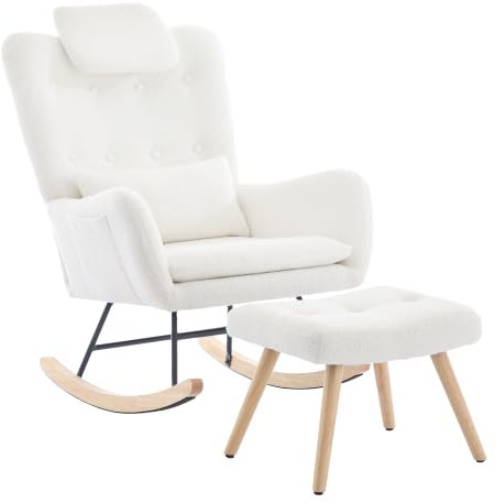 HAINEW Schaukelstuhl Schaukelsessel mit Hocker und Armlehn, Schwingsessel Armlehnsessel Gepolsterter Sessel Relaxsessel mit Kissen, Teddysamtstoff Relaxstuhl für Schlafzimmer, Wohnzimmer, Weiß