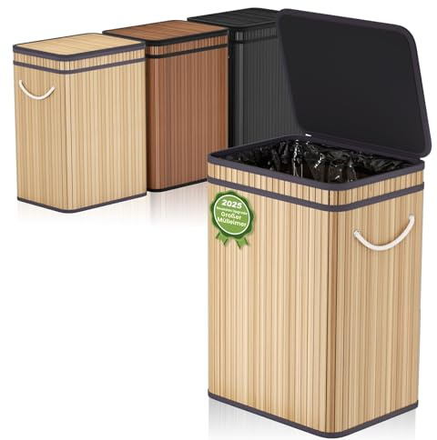 Mihoho 80 Liter große Mülleimer mit Deckel, Mülleimer Abfallkorb aus Bambus, Outdoor Mülleimer/Abfalleimer/Korb für Zuhause, Büro, Badezimmer, Küche 40X30X60 CM (Premium Holzfarbe)