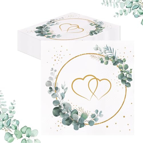 GROVBLE 40 Stück Servietten Hochzeit Eukalyptus Herzen–Tischdeko Hochzeit | Servietten Hochzeit | Eukalyptus Design mit Herzen | Elegante Tischdeko für Hochzeit, Taufe, Geburtstag & Feiern