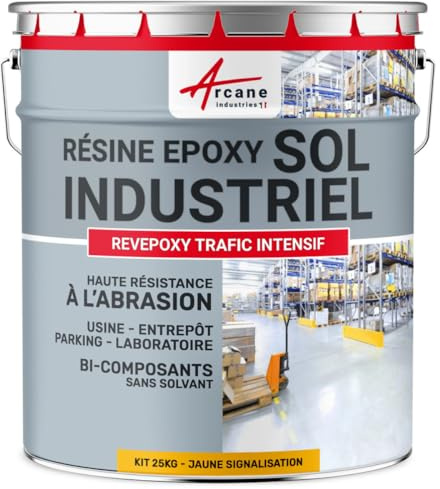 ARCANE INDUSTRIES Résine epoxy Sol - Peinture resine pour sols béton,Ciment,carrelage : REVEPOXY TRAFIC INTENSIF - 25 kg (jusqu'à 50 m² en 2 Couches) Jaune Signalisation - RAL 1023