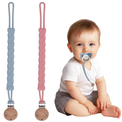 Funalix 2er-Pack Schnullerkette Silikon - Flexible Schnullerkette mit Sicherheitsclip & Beißring | mit Anti-Verlust-Clip | BPA-freies Schnullerband für Babys(Blau & Rosa)
