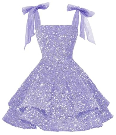 Hongyangjing Robes de soirée à paillettes scintillantes 2025 avec nœud à volants - Robe de bal courte - Robes de cocktail, lilas, 44