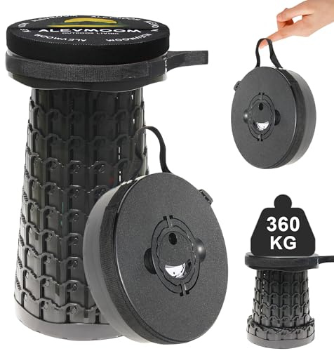 ALEVMOOM Upgrade Sgabello telescopico portatile, regolabile con cuscino spesso, sgabello pieghevole portatile, per campeggio, giardino, pesca, barbecue, leggero, portata massima 360 kg