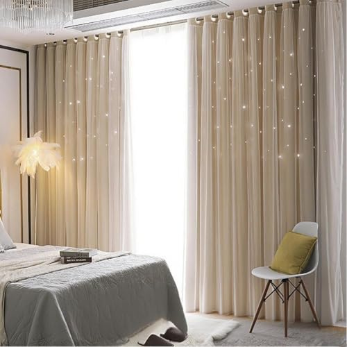 AOWELLOW Beige Star Blackout Curtains 54 Length for Boy Bedroom 2 Panels Set, Privacy Boho Room Darkening Curtain for Glass Door, Thick Grommet Top Star Cutout Cute Kids Curtain (W46X L54)