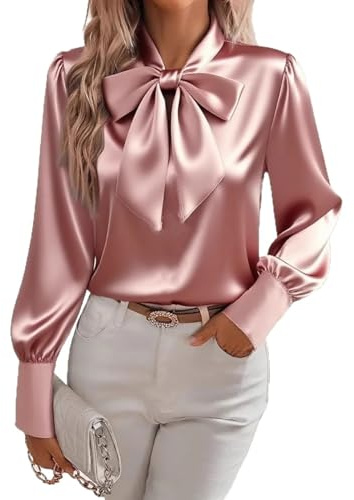 HESYSUAN Camicie da Donna con Fiocco al Collo in Raso, Eleganti Bluse in Seta a Manica Lunga, Top Casual Eleganti per il Lavoro da Donna 2025, rosa, XXL