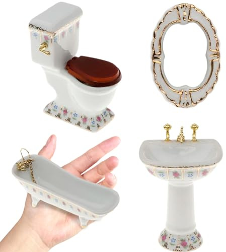 Ensemble de Meubles de Maison poupée 4 pièces/Ensemble, Salle Bain en Porcelaine 1/12, Comprenant Toilettes, Baignoire, lavabo et Miroir, Meubles Miniatures réalistes, Accessoires Bricolage