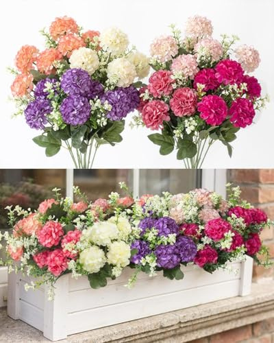 Zumhigh 12 Bundles UV Resistant Artificial Flowers, Outdoor & Indoor Plastic Flower Bouquets, Suitable for Garden, Balcony, Patio, Wedding and Party Decorations, Baby’s Breath & Hydrangea
