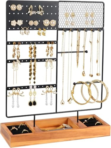 4 Tier Schmuckständer Ohrringhalter, 84 Löcher Ohrring Ständer, Kettenhalter Ohrringe Aufbewahrung mit Holztablett, Schmuckhalter Aufbewahrung für Ohrhänger Ringe Halsketten Armbänder (Schwarz)