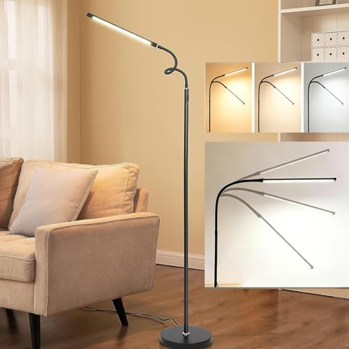 BREEZENEST LED Floor Lamp – Touch Control Dimmable Standing Lamp with 3 Color Modes, 10 Brightness Levels, Flexible Gooseneck Reading Light, Adjustable Height, Indoor Lighting for Living Room