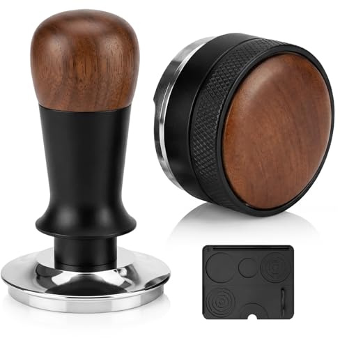BOODPET Tamper Set 58mm Edelstahl mit Leveler & Tampermatte, 3-teilig | Barista Zubehör für Siebträgermaschinen, Griff aus Echtholz in Walnuss-Optik, höhenverstellbarer Verteiler, rutschfest