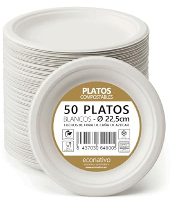 Econativo Platos Desechables 22,5 cm Pack 50 – Platos Desechables de Caña de Azúcar – Biodegradables, Resistentes y Ecológicos – Ideal para Eventos y Catering