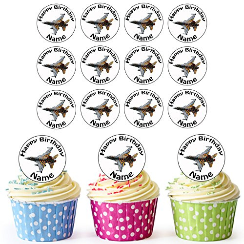 AK Giftshop RAF Fighter Plane 24 Personalised Edible Cupcake Toppers/Birthday Cake Decorations - Easy Precut Circles