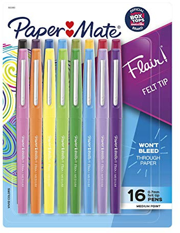 Paper Mate Flair Felt Tip Pens, Medium Point (0.7mm), Assorted Colors, 16 Count - Note Taking, Doodling, Office, Teacher Supplies