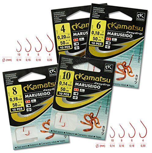 Ready Tied Hooks To Nylon 50cm sizes 4 6 8 10 Barbed Made Red Worm Fishing Line (Va08-2x10pcs 50cm Hook 10 Maruseigo Kamatsu)