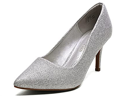 DREAM PAIRS Women's Slip On Low Mid Heels Pointed Closed-Toe Dress Court Shoes Kucci Silver Glitter Size 8 UK/10 US