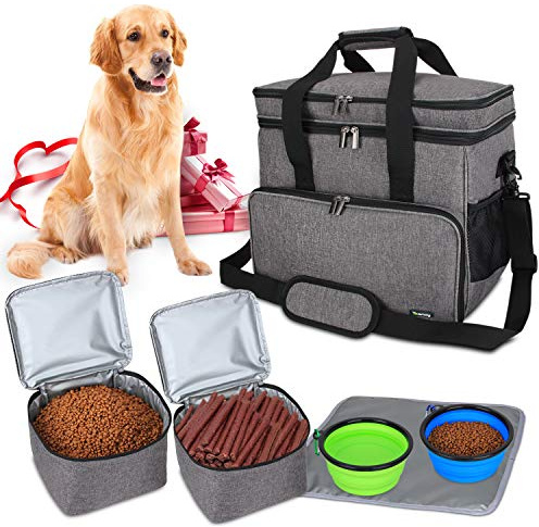 Teamoy Borsa da Viaggio per Dog Gear, Borsa da Viaggio per Cani con 2 Ciotole Pieghevoli in Silicone, 2 contenitori per Alimenti, 1 Tappetino per Le Ciotole (Grande, Grigio)