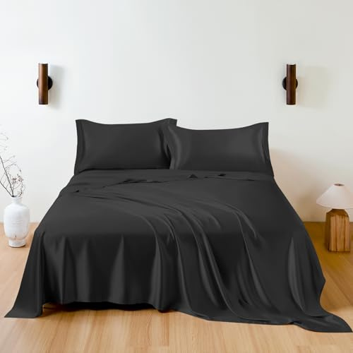 THXSILK 100% Mulberry Silk Sheet Set, 7A+ Silk Sheet Set Soft Breathable, Luxury Bedding (1 Flat Sheet, 1 Fitted Sheet, 2 Pillow Shams) Queen, Black