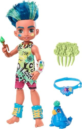 Cave Club poupée préhistorique articulée Slate aux Cheveux Bleus avec Figurine Taggy et Accessoires, Jouet pour Enfant, GNL87
