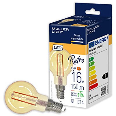 Müller-Licht Retro LED G45 Filament Tropfenform E14 gold, 2.2W ersetzt 16W, nostalgisches superwarmweißes (2000K) Licht für ein gemütliches Ambiente, nicht dimmbar, 15000h Lebensdauer, 401076