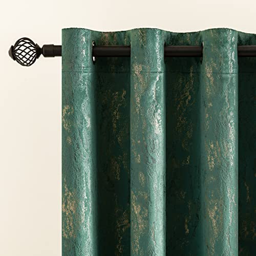 MIULEE Dark Green Velvet Curtains with Gold Foil,2 Panel Set 54 Inch Drop Curtains,Blackout Curtains Bedroom Super Soft Thermal Insulated Eyelet Blackout Curtains for Living Room 46 x 54 Inch